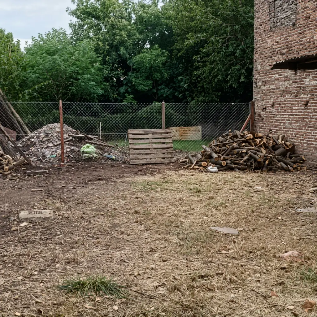 Alambrado sobre postes cerrando el fondo de un terreno con árboles