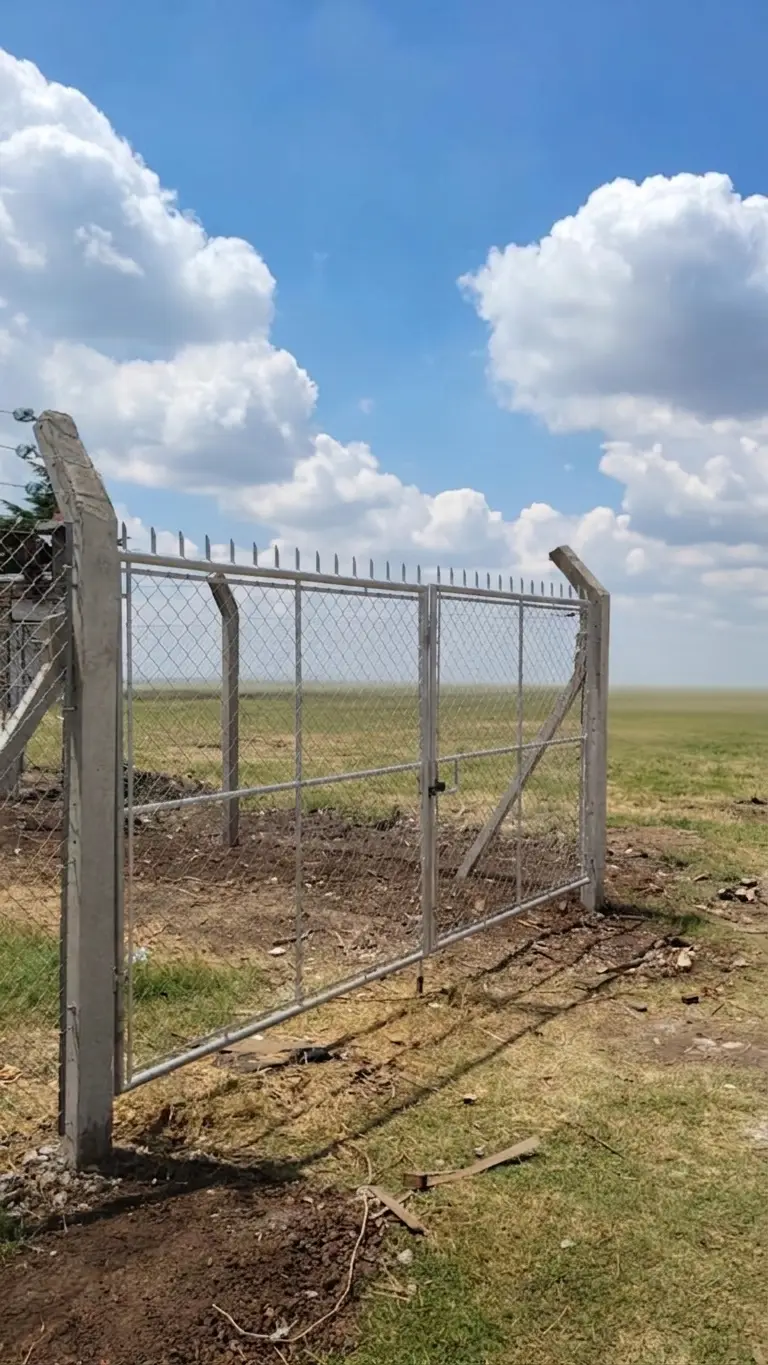 Portón de caño con tejido romboidal ya colocado entre dos postes de hormigón, con la hilera de pinches de seguridad recortada contra el cielo, en un campo abierto