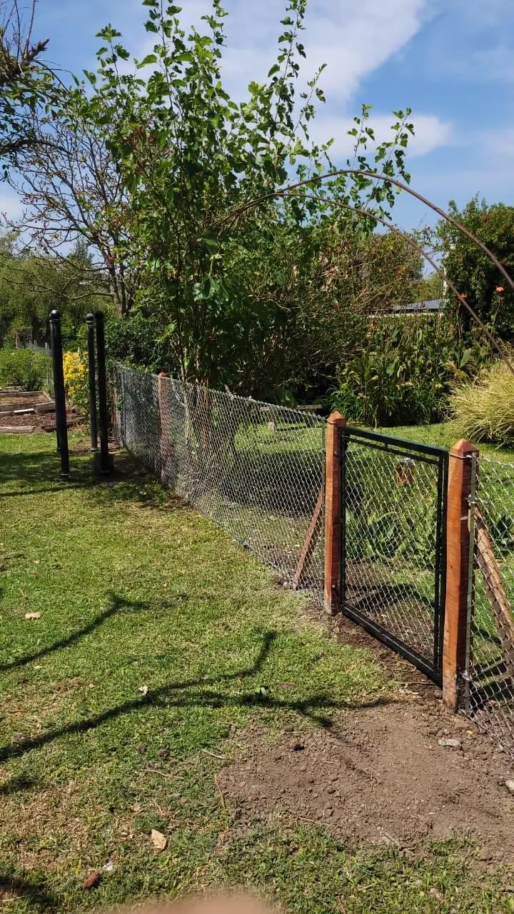 Portón de baja altura pintado de negro, con tejido, colgado de postes de quebracho y siguiendo la línea del alambrado de un jardín con plantas