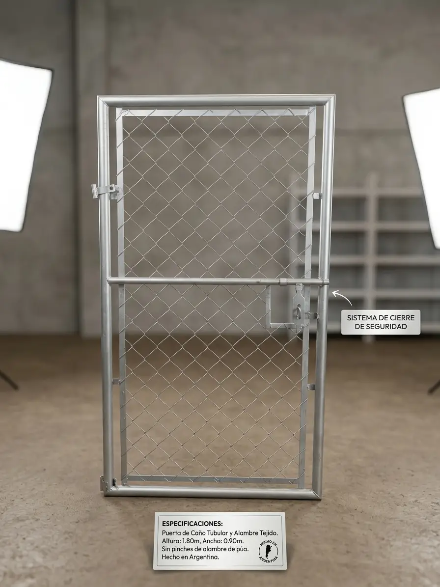 Ficha de producto de la puerta de paso: caño tubular y alambre tejido, de 1,80 m de alto por 0,90 m de ancho, con el sistema de cierre de seguridad señalado en el travesaño del medio