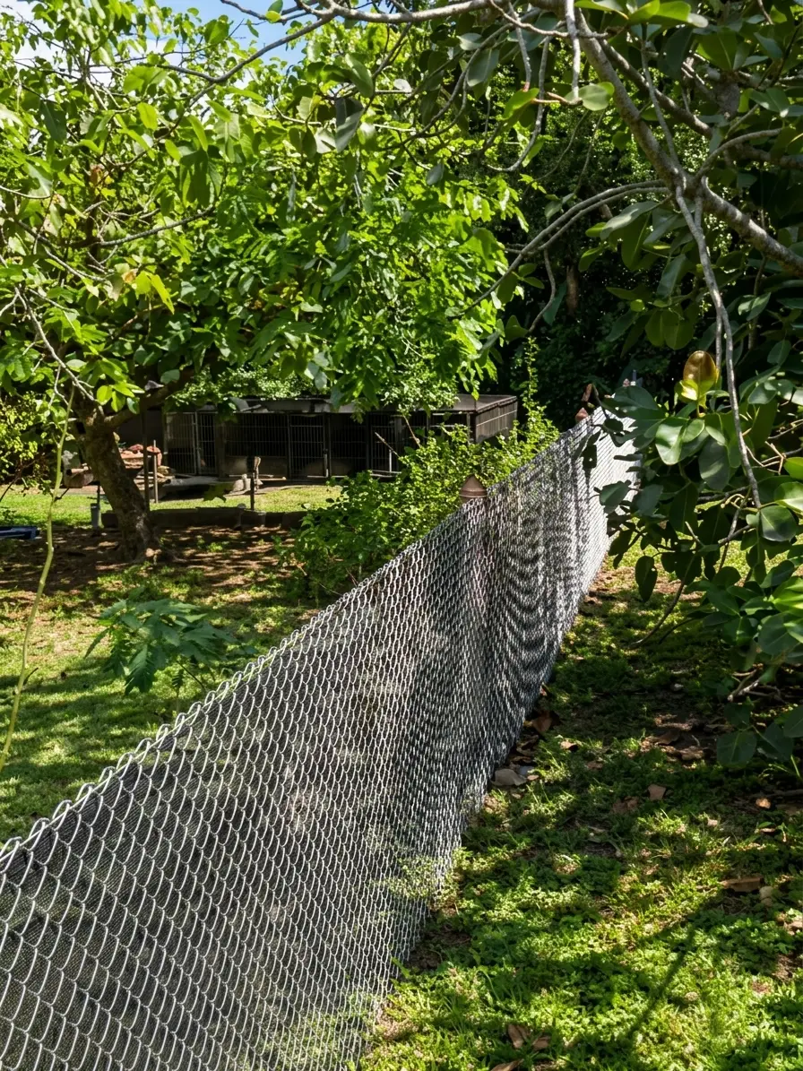 Alambrado romboidal recién instalado por Casa Ledesma en el fondo de una casa, entre árboles