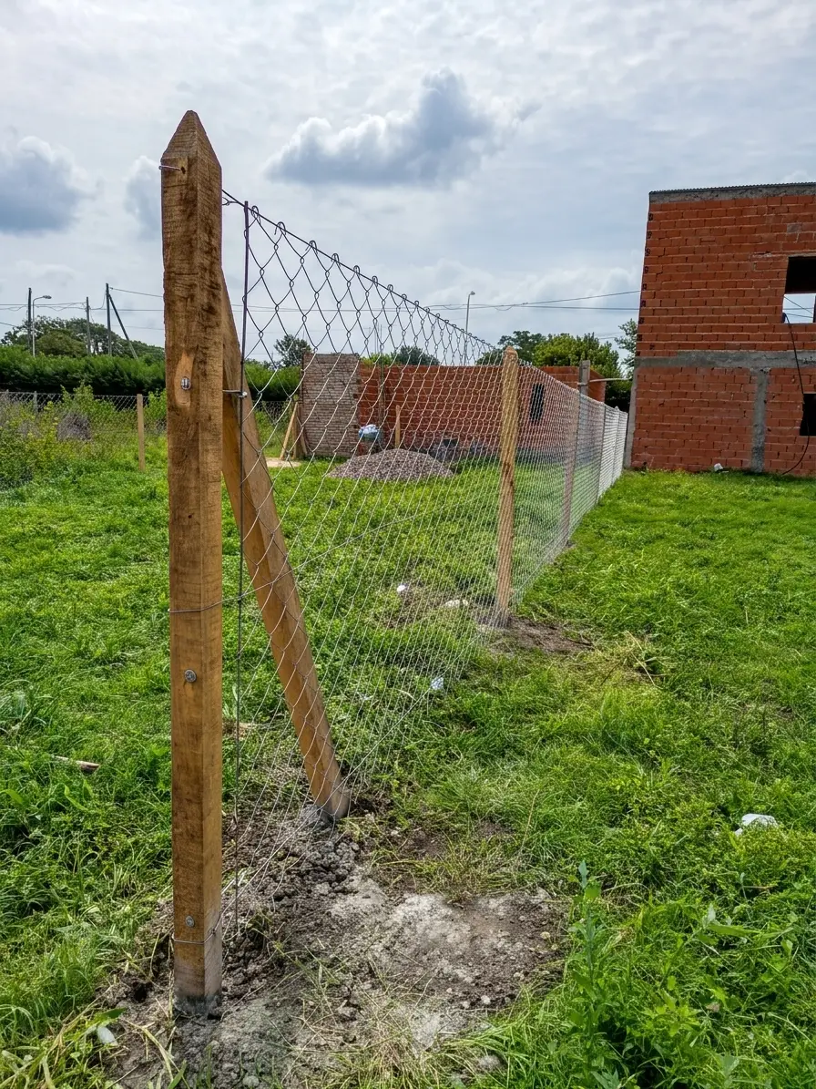 Alambrado romboidal a medio colocar sobre postes de madera, en un lote con una casa en construcción atrás