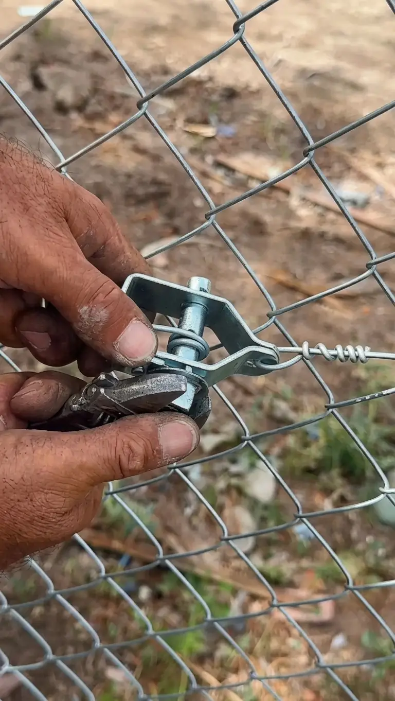 Manos ajustando con una pinza la torniqueta que tensa el tejido romboidal